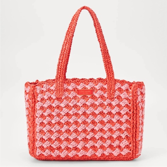 ♠️kate spade High Tide Striped Crochet Raffia Medium Beach Tote Bag, Ladybug NWT - Picture 1 of 8
